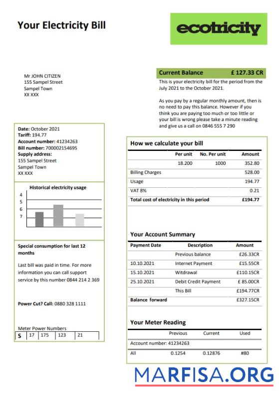 Blank United Kingdom Ecotricity electricity utility bill template in Word and PDF format (.doc and .pdf)